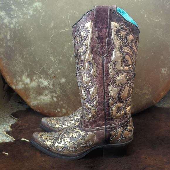 CORRAL E1594 distressed brown leather snip toe cowgirl boots metallic inlay sz 8 - Picture 5 of 16